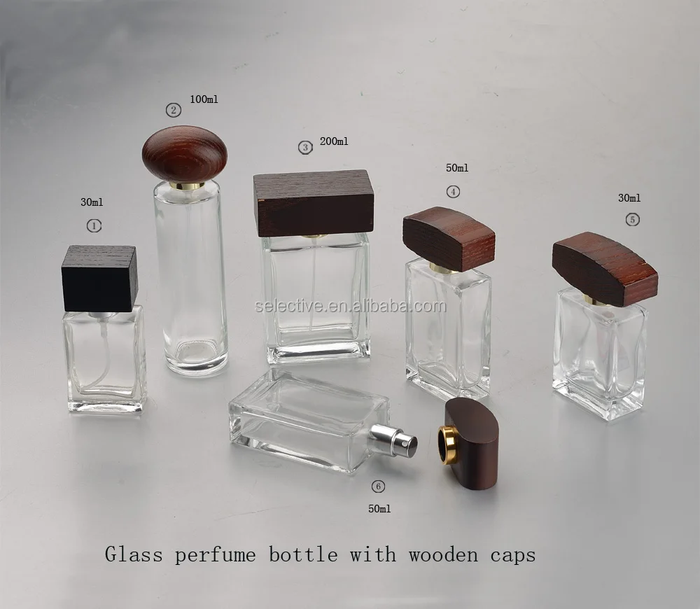 Empty Glass Perfume Bottles With Sprayer Wooden Lids Cap Perfume Bottle