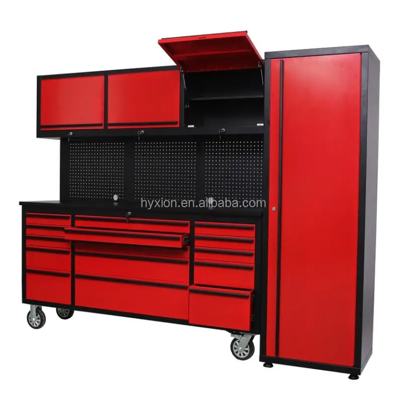 Garage 72 Inch Red Tool Trolley with Drawer and Upper Cabinet