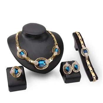 Women Fashion Jewelry Sets Luxury Saudi 18K Gold Plated Indian Big Blue Crystal Wedding African Statement Bridal Jewelry Set