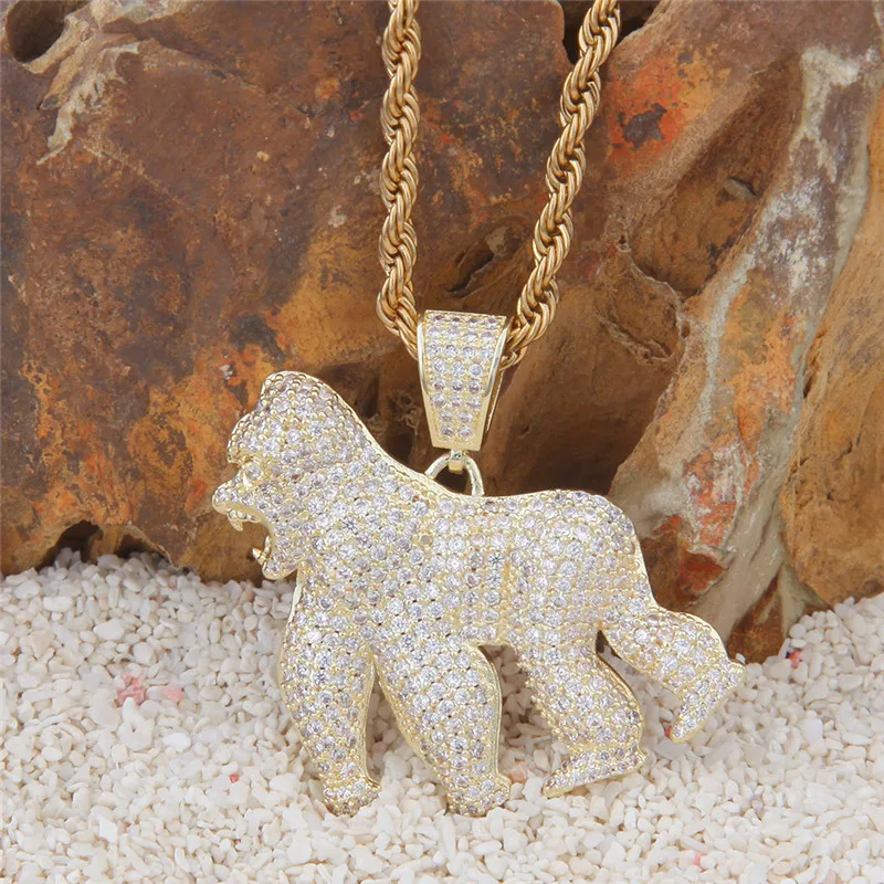 14K Gold Plated Micro Paved Lab Diamond Bling HipHop Jewelry King Kong Roar Gorilla Pendant Necklace for Men