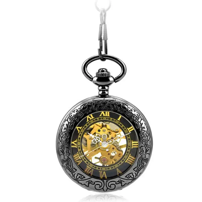 Top Fashion Retro Skeleton Alloy Chain Pendant Watch Roman Number Vintage Hand Wind Mechanical Pocket Men Watch Relogio De Bolso