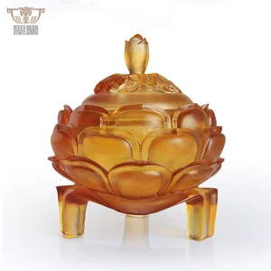 Handmade Liuli Art Glass Lotus Bloom Fragrance Incense Burner Large Size
