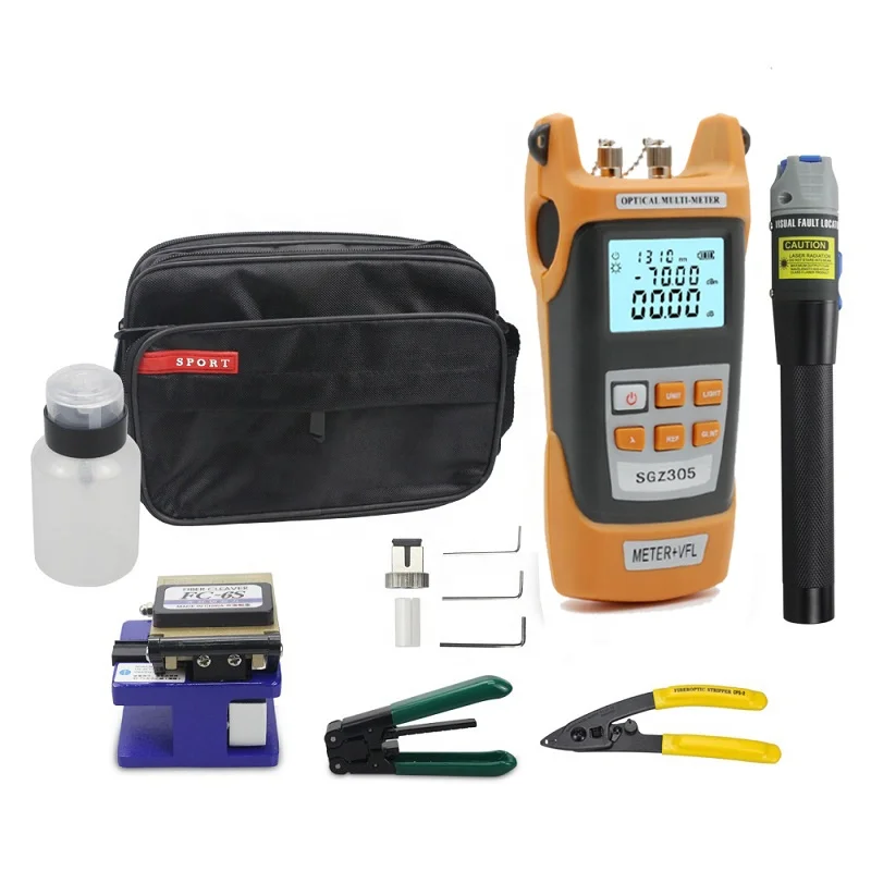 FTTH Fiber Cold Connection Tool Kit 19 in 1 with FC-6S Fiber Cleaver 10KM Visual Fault Locator Optical Power Meter Cable Tester Stripping Tool 