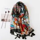 Fashion soft ladies shawls wrap polyester hijab bohemian ethnic style digital print cotton long scarf with tassels