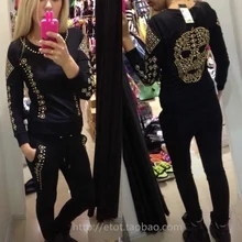 New 2014 sport suit women QLZ skull sweatshirt+pants hoodies tracksuits clothing black white pullover sport sportswear one set
