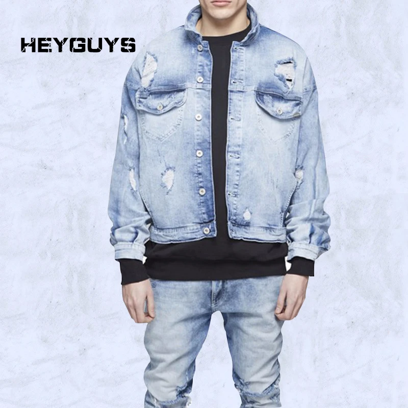 HEYGUYS ripped Europe street blue Jacket Hip Hop high