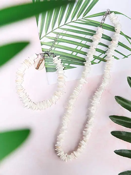Shangjie Pieces Puka Shell Necklace White Clam Chips Shell Anklets Surfer  Beach Choker Necklaces Ankle Bracelets Hawaiian Gift