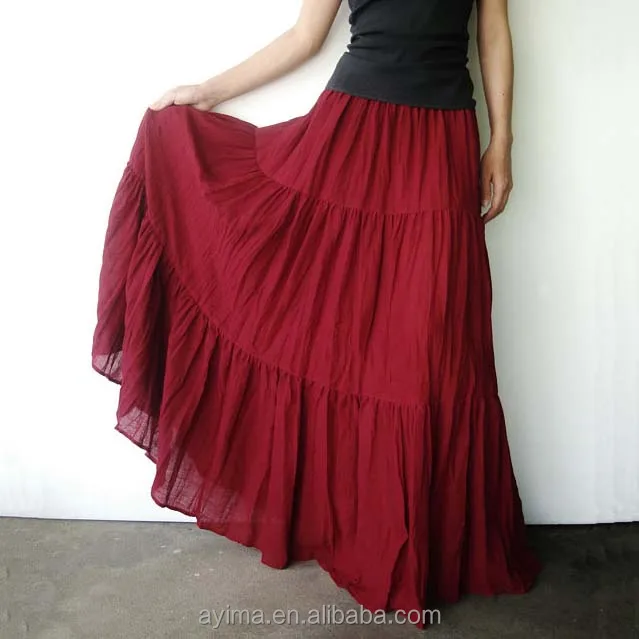 Bohemian Embroidered Lace 3-Tier Gauze Cotton Long Maxi Skirt