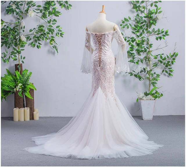 RSM66504 off Shoulder Puff Sleeves Beauty Pattern Sexy Sweetheart Mermaid  Wedding Dress