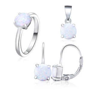 925 Sterling Silver Trio Set | Simulated Opal Four-Prong Ring, Pendant & Leverback Earrings | Rhodium/18K Gold Plating Options
