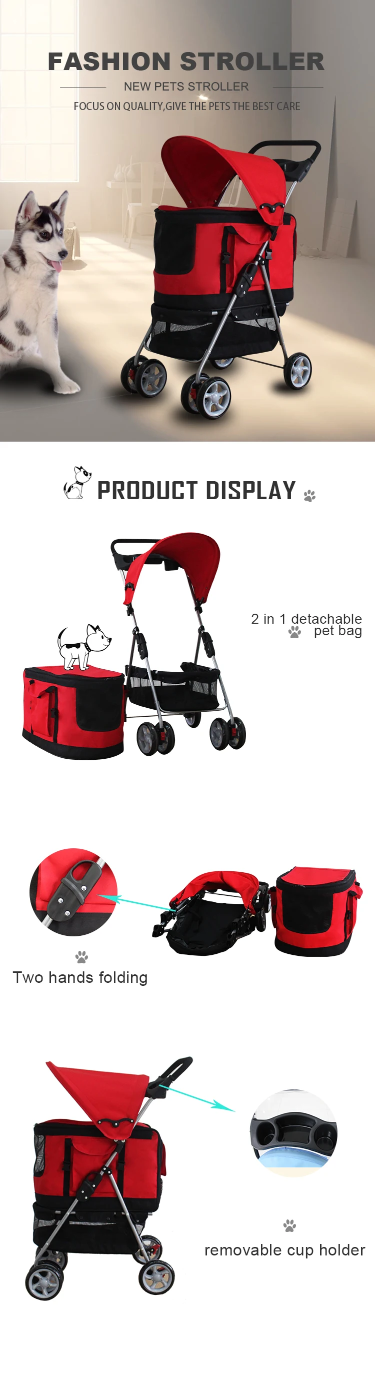 Foldable 4 Wheel Dogs Carts Retractable Reversible Pet Stroller Cart