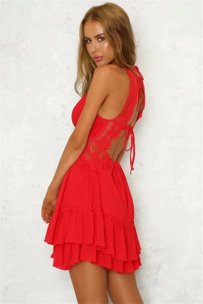 2019 Summer Beach Bohemian Fit and Flare White Short Lace Tiered Dress for Women