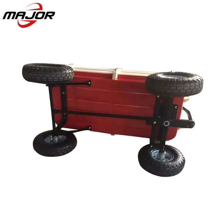 Red Outdoor Wagon ALL Terrain Pulling Children Kid Garden Cart Wood Railing Baby Wagon Tool Cart