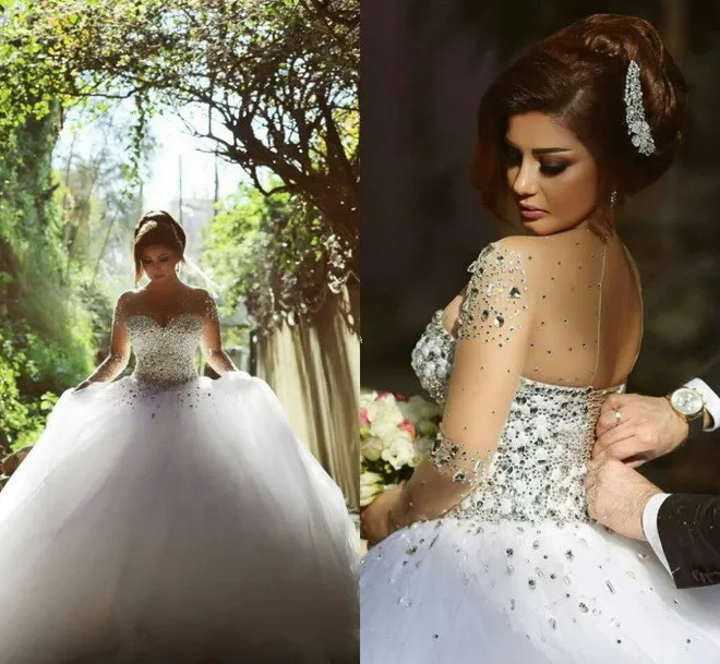 Wedding Dress 2015 Vestido De Noiva Long Sleeve Bridal Gown Rhinestones Pearls Crystals Ball Gown Robe