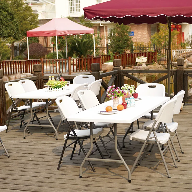 Top Seller 200cm Rectangle HDPE Plastic Resin Folding Table with Foldable Steel Legs ODM ZHEJIANG SANMEN HONGQIAO