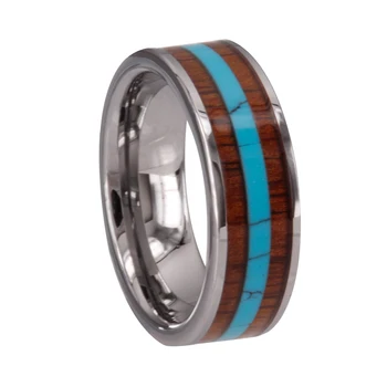 tungsten jewelry two lines koa inlay turquoise wood fashion ring