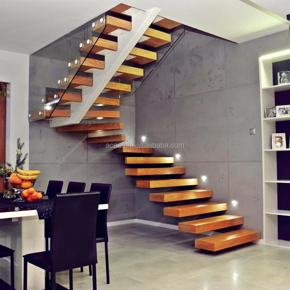 Modern Design Floating Staircase with LED Light Straight Staircase Stringer Hidden