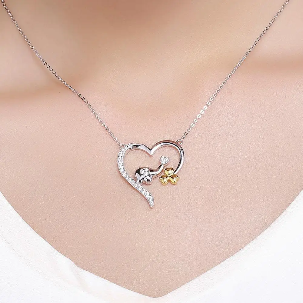 BAGREER SCN247 Cute  Elephant With 18k Gold Plated Lucky Clover Big Heart Pendant Custom  Necklace for Women Girls Jewelry