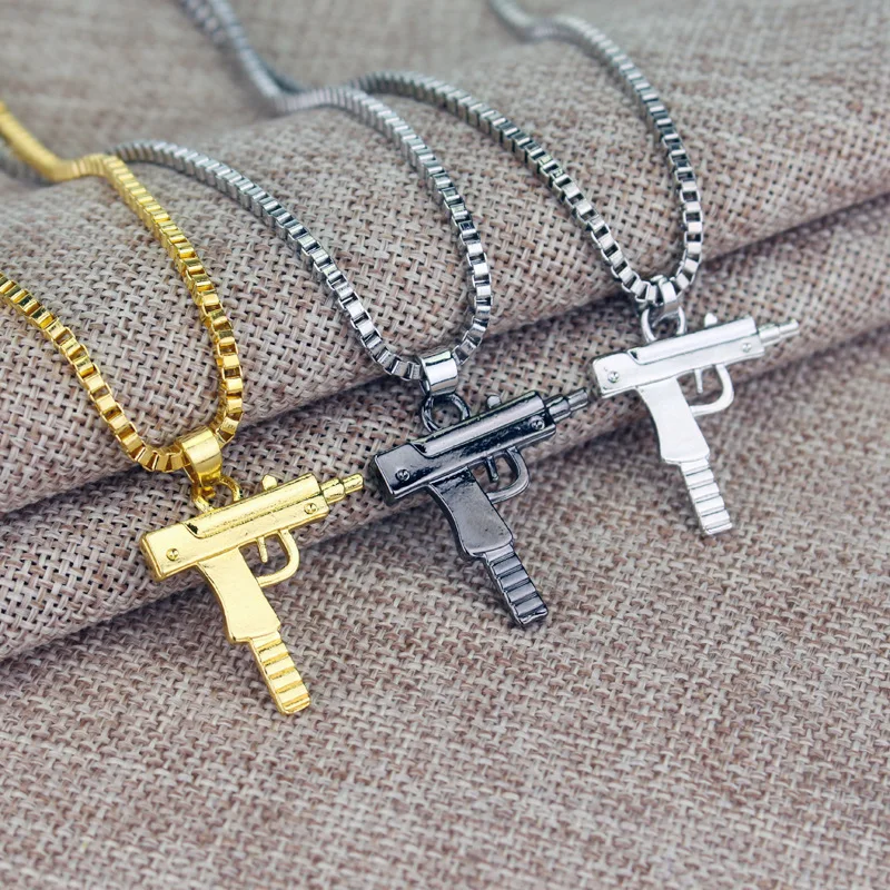 Gold Chain Designs Cosplay Charm Statement Weapon Hip Gun Shape Uzi Golden Pendant Jewelry
