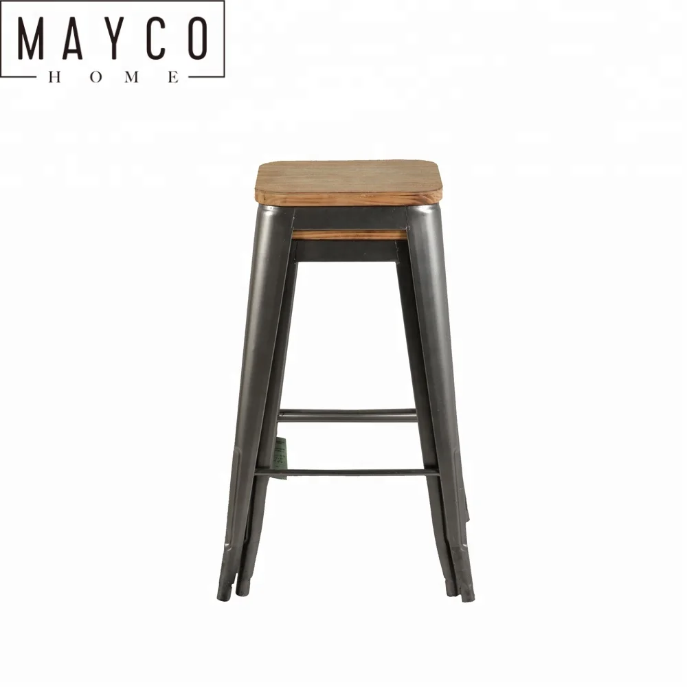 Mayco Indoor Outdoor Stackable Industrial Set Of Two Wooden Seat Metal Bar Stools Buy Wooden Seat Stool