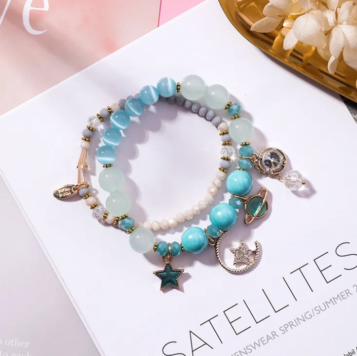 Simple Fresh Multi Layer Star Moon Cat Eye Crystal Bracelet for Women