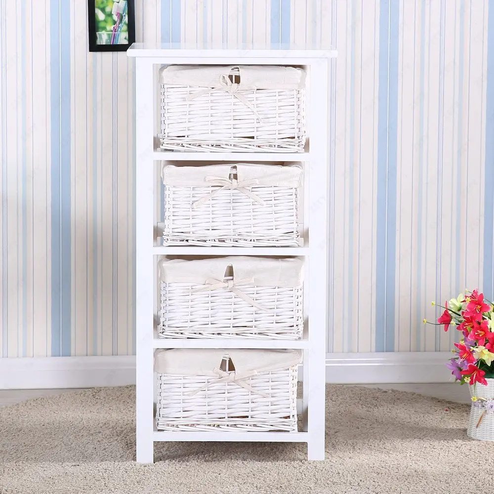 white nightstand with wicker baskets