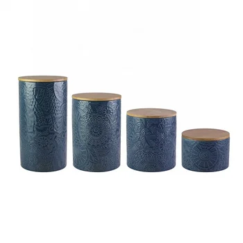 Floral embossed unique blue color fancy ceramic kitchen canister sets with lids