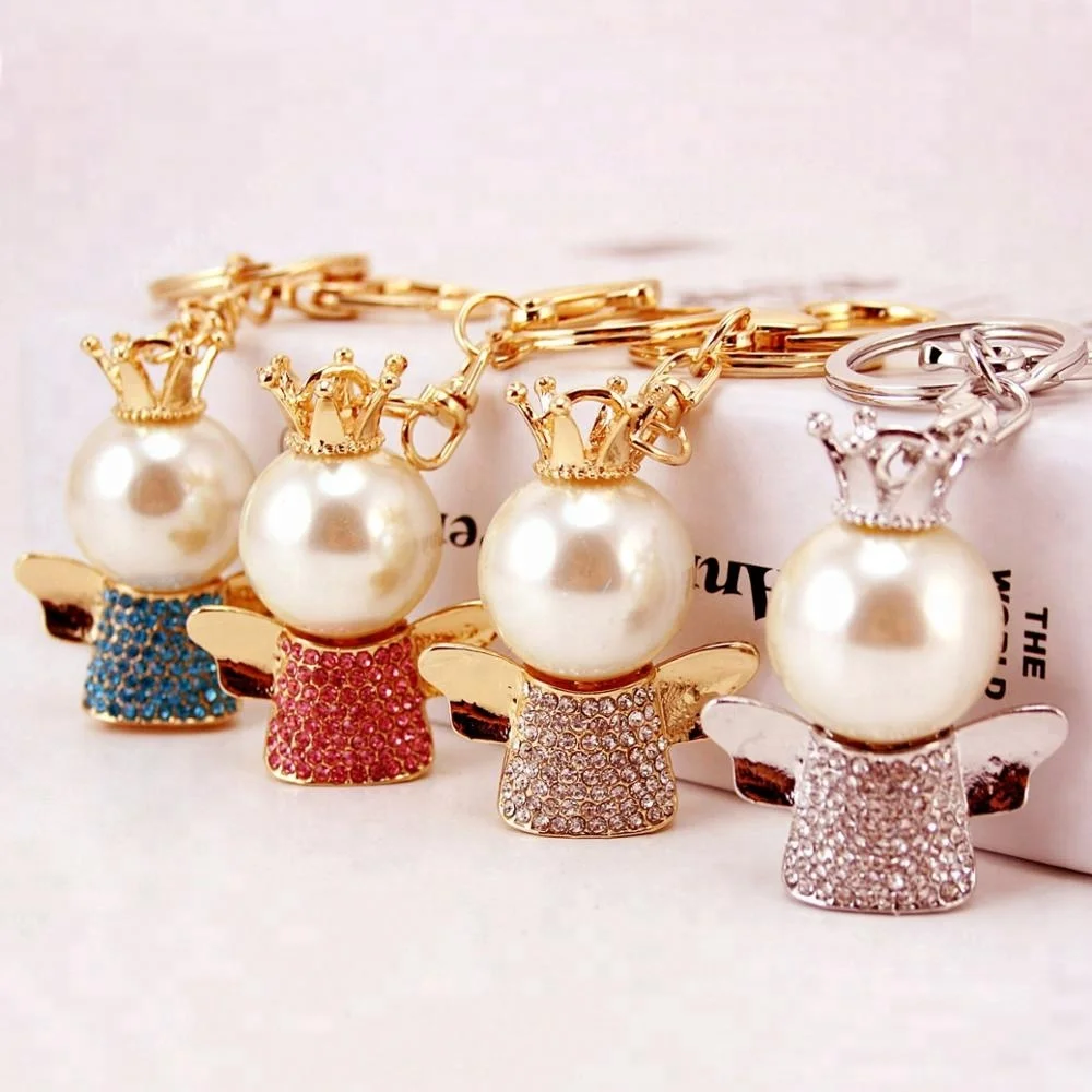 
 Cute Creative Bag Keyring Crystal Rhinestone Crown Angel Keychain Holder For Women Purse Car Charm Novelty Pendant Key Chain  