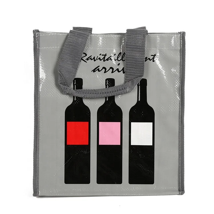 Unique Design Custom Bopp Laminated Custom Logo Printing Wine Tote Bag PP Woven Bag With Compartment manufacture