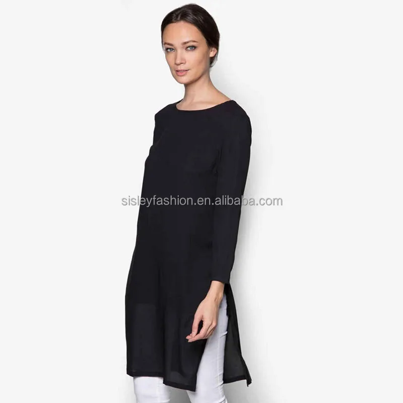 omniscient Women Stylish Snap Buttons Long Sleeves Side Slit Solid Tunic Tops