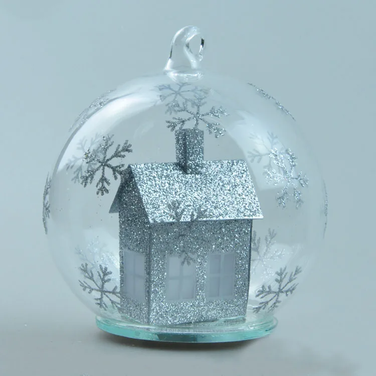 led 80mm glass ball Christmas scene wholesale lighted snowflake glass ball globe handmade Xmas hanging ornaments gift for sale details