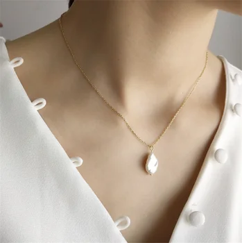 Solid 925 sterling silver cross necklace with natural baroque freshwater pearl pendant