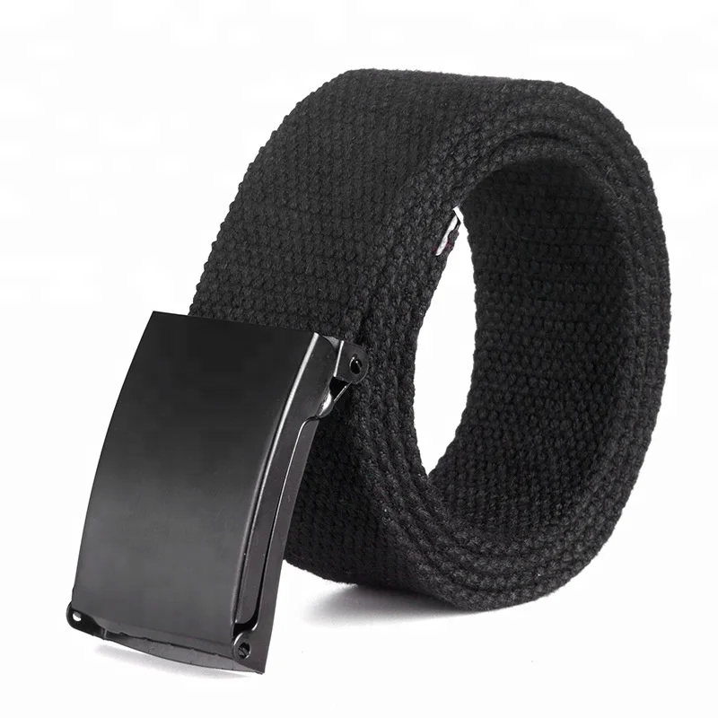 Solid Color Metal Buckle Polyester Fabric Webbing Strap Mens Woven Canvas Belt