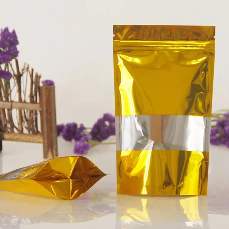 Zip Lock Stand up Mylar Bags Gold Aluminum Foil Packaging Bag With Clear Window
