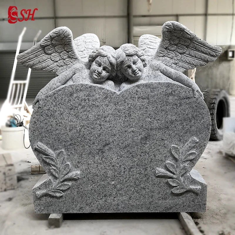 Marble  And G603 Granite Headstone With Angel Statue Carved Tombstone