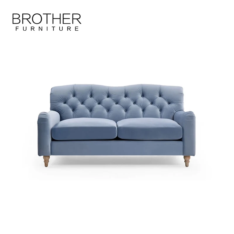 Classic Blue Tufted Loveseat Sectional Sofa Set Wooden Frame Chesterfield Style for Home or Hotel Living Room Furniture