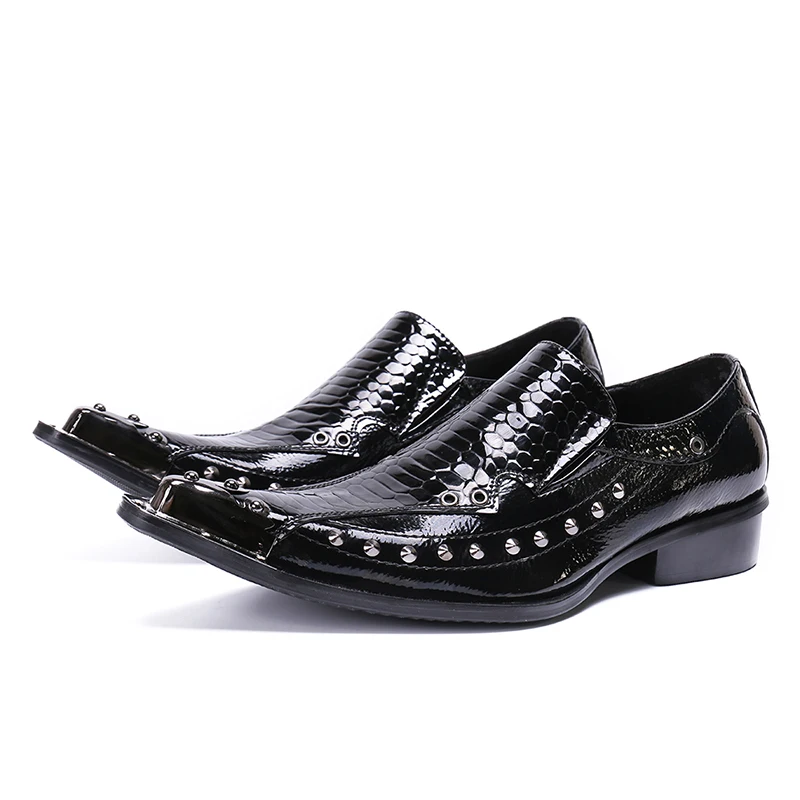 New pointed toe dress formal men's genuine leather business slip on metal shoes