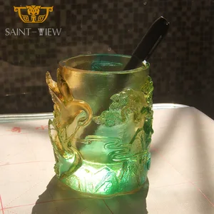 Crystal Glass Liuli Pine Tree Crane Desk Pen Holder Retirement Gifts