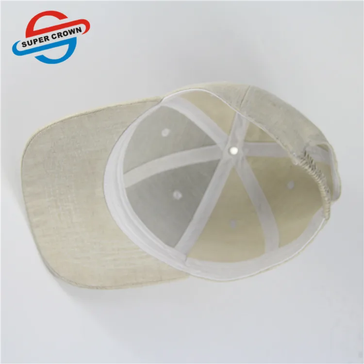 Wholesale Elastic Band Closure Plain Logo 6 Panel Beige Linen Baseball Caps for Women