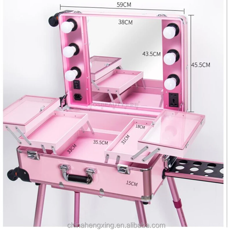 Multi-functional Professional Makeup Studio Suitcase Beauty Salon Led Lights Mirror Cosmetic Cases with Retractable Legs