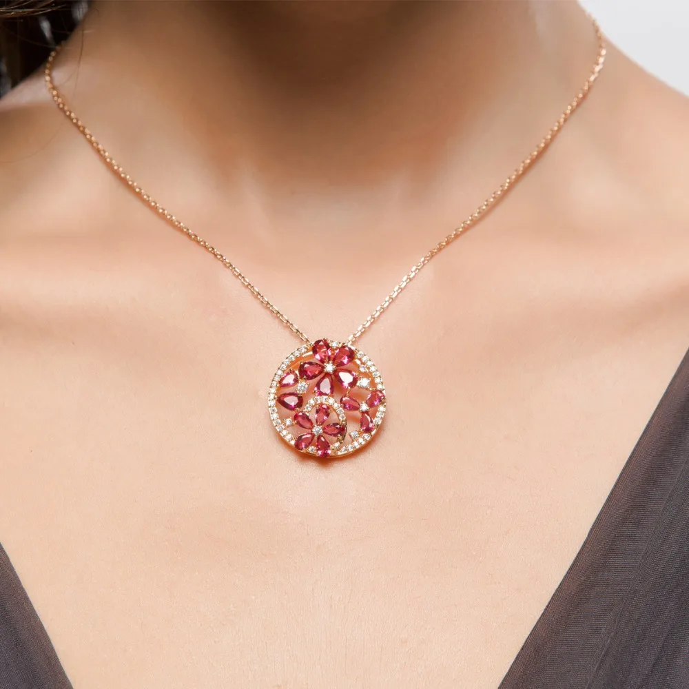 LUOTEEMI Tiny Teardrop Cubic Zirconia Diamond Gold Plated Ruby Flower Round Pendant Women Necklace