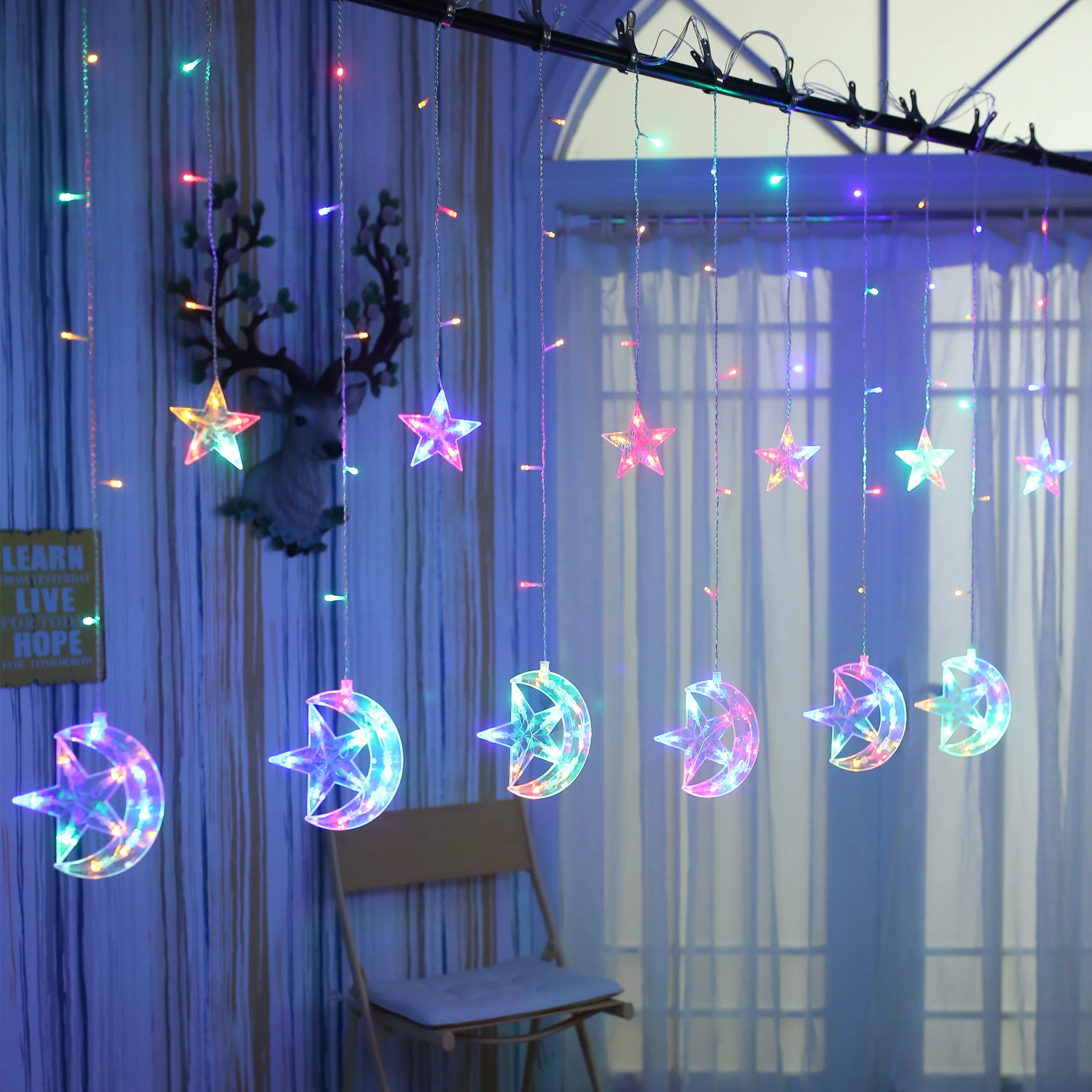 Led Decorative Christmas Crescent Ramadan Moon Star Curtain Lights  Eid Mubarak Star Moon Led Curtain Garland String Lights