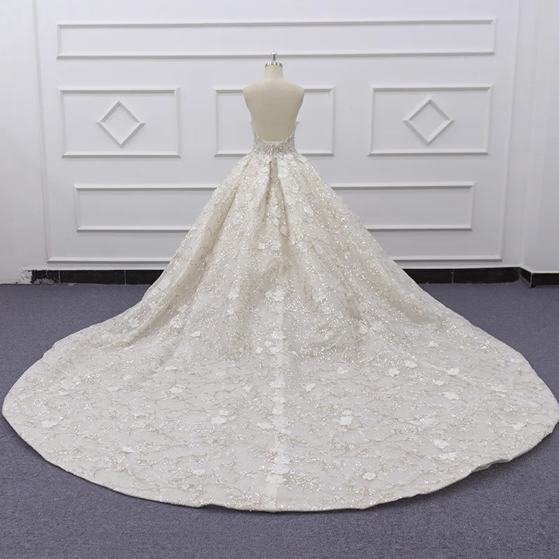 Eslieb LWY002 Real Photo New Style champagne Crystal Bead Chapel Train 3d Flower Lace Ball Gown Wedding Dress