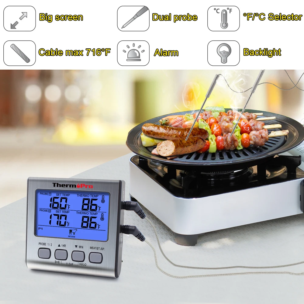 ThermoPro TP17 Digital Kitchen Thermometer Dual stainless-steel Meat Probes Meat  Thermometer For Oven With Timer And Backlight