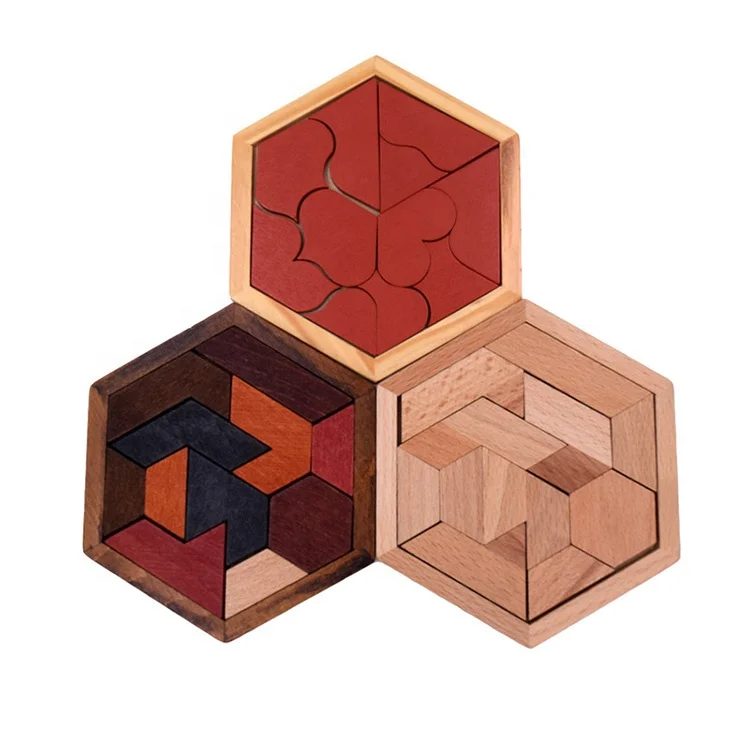 Creative Hexagonal Wooden Geometric Shape Jigsaw Puzzles Board Geometric Wood Shapes Puzzle