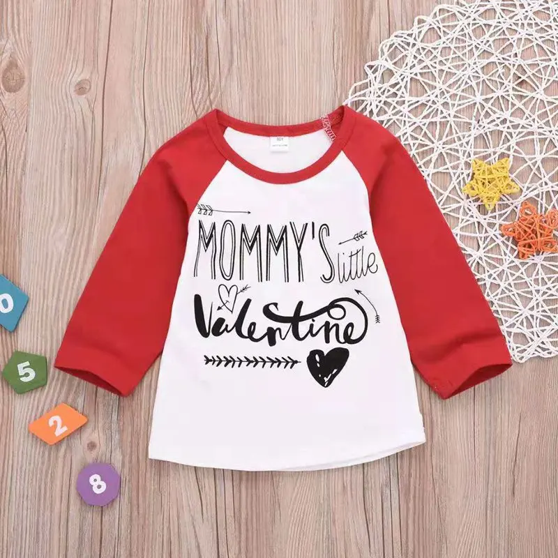 
 2019 съемки посвященной дню Святого Валентина для девочек, топы с буквенным принтом; Сезон лето-осень; Новинка; Футболка; Рубашки для девочек с рукавами-реглан с длинными рукавами ткань От 1 до 5 лет  