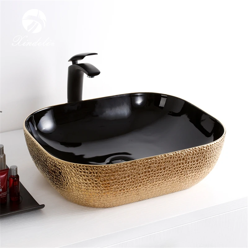 Crocodile Leather Rectangular Large Black Rose Gold Electroplate Art Countertop Sink Washing Basin for Bathroom