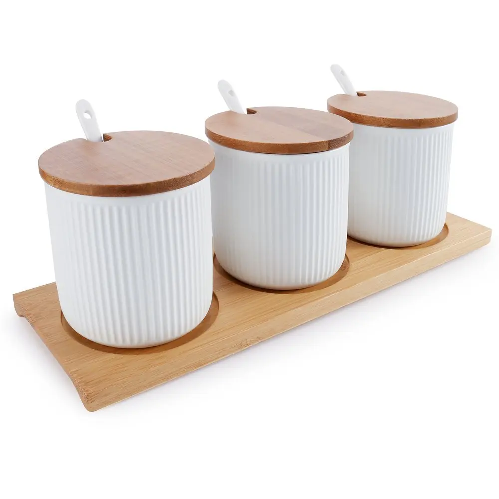 Typhoon Arctic Set of 3 Round White Tea 1Litre White Coffee & Sugar Storage Container Jar With Airtight Bamboo Lids 