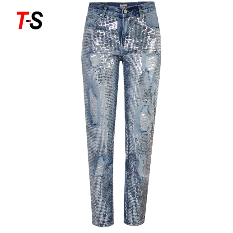 18gdts014 Metà Di Vita Sciolti Direttamente Nove Pantaloni Con Paillettes  Della Perla Delle Donne Del Denim Dei Jeans - Buy Denim Delle Donne Jeans,Con  Paillettes Perla Del Denim Dei Jeans,Metà Di Vita