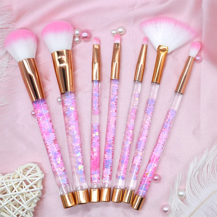 2024 New Style Girl Factory Direct Professional Crystal Beauty 7pcs Pink Glitter Synthetic Quicksand Makeup Cosmetics Brush Set